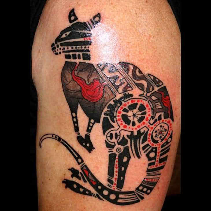 Black And Grey Kangaroo Aboriginal Tattoo On Shoulder
