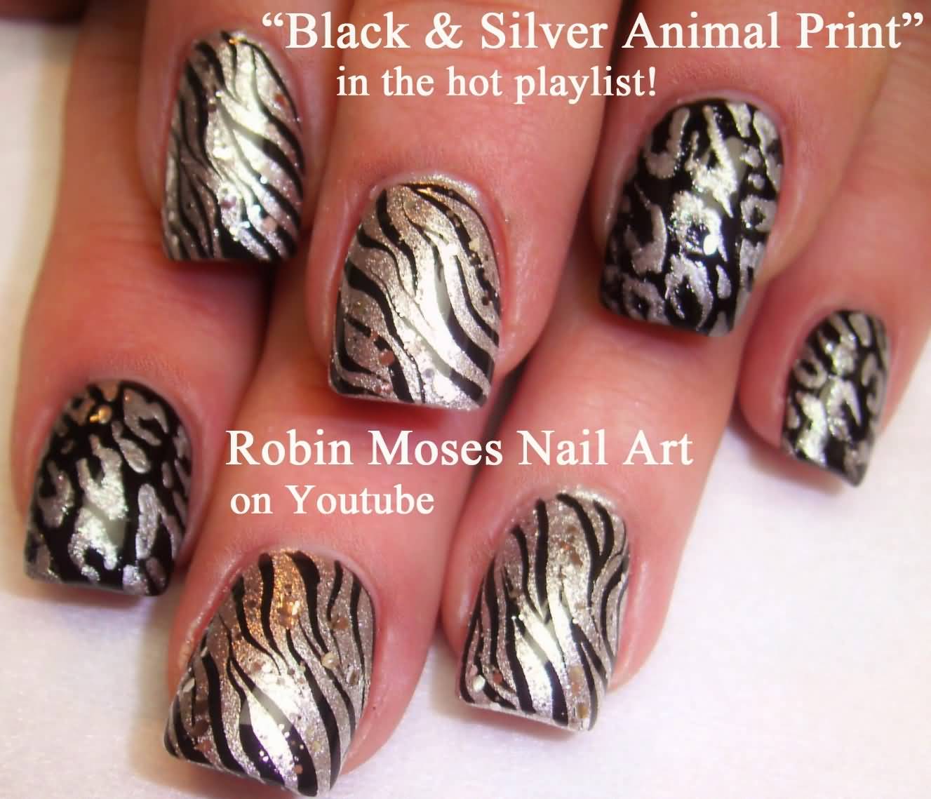 Black And Silver Zebra Print Nail Art Design