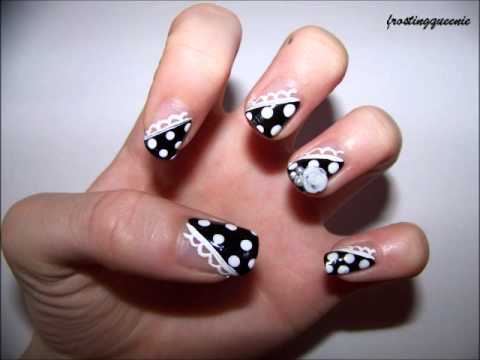 Black And White Diagonal Polka Dot Nail Art Design