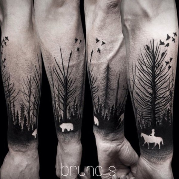 Black And White Forest Tattoo On Man Forearm