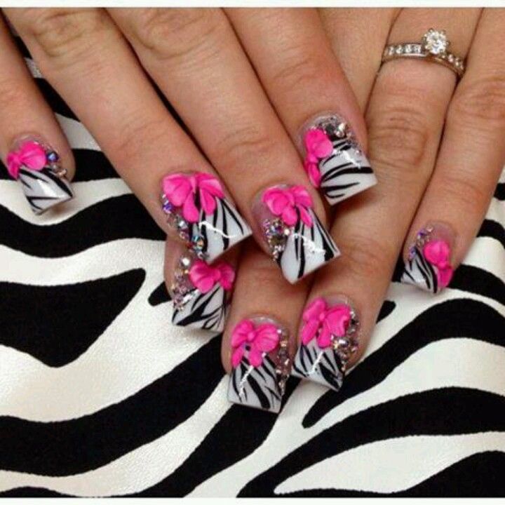 Black And White Glossy Zebra Print Nail Art With Pink 3d Bow Design