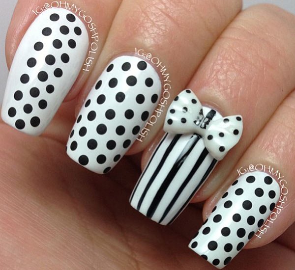 Black And White Polka Dot Nail Art With Stripes And 3d Bow Design