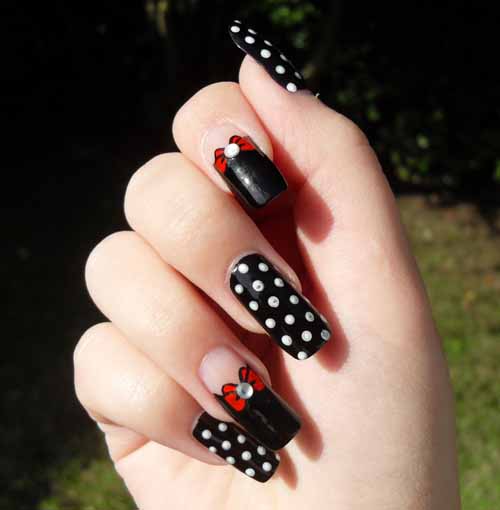 Black And White Polka Dots Nail Art With Red Bow