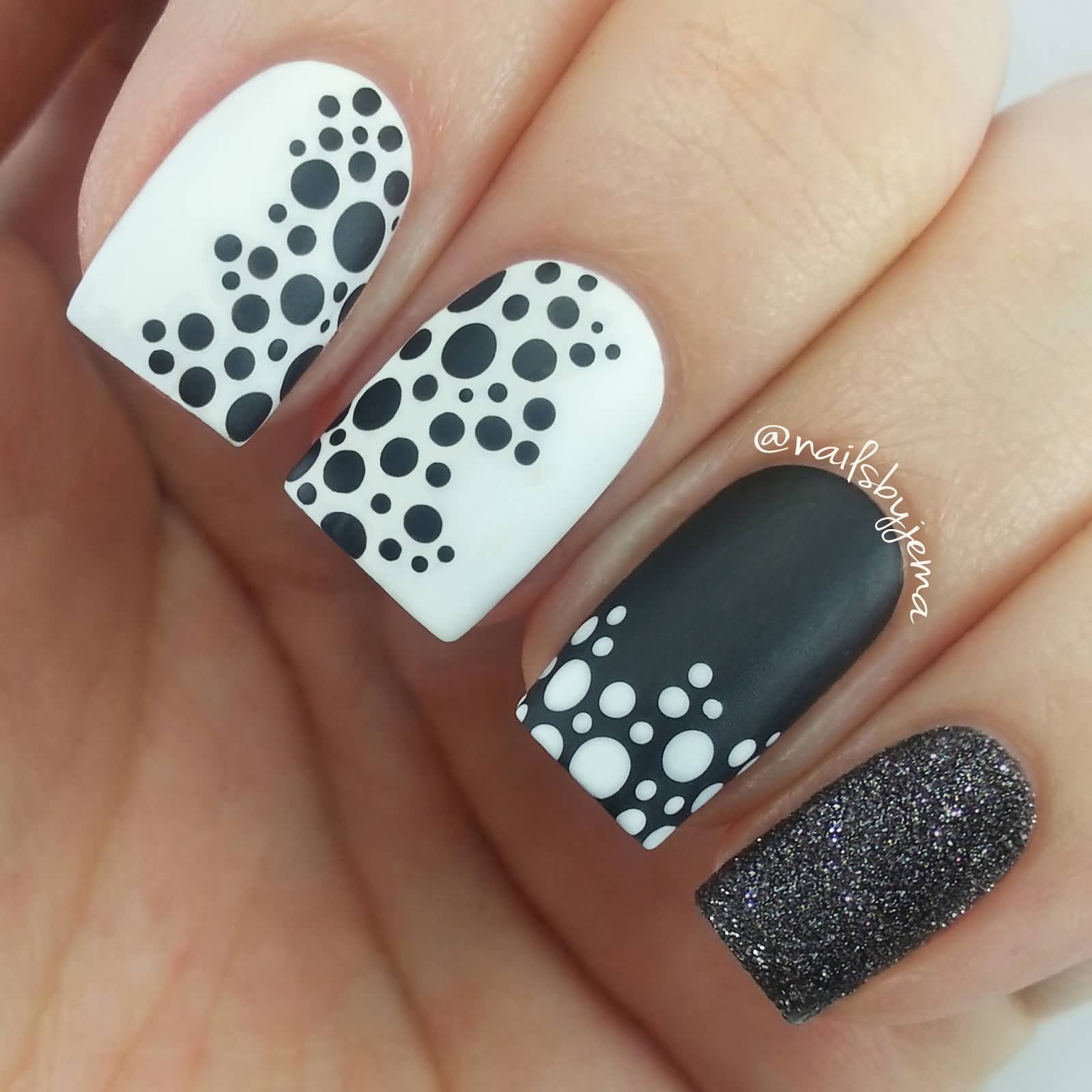 Black And White Polka Dots On Matte Nails