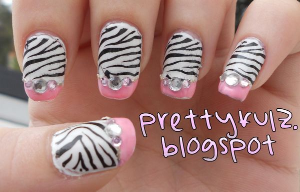 Black And White Zebra Print Nail Art With Pink French Tip Design
