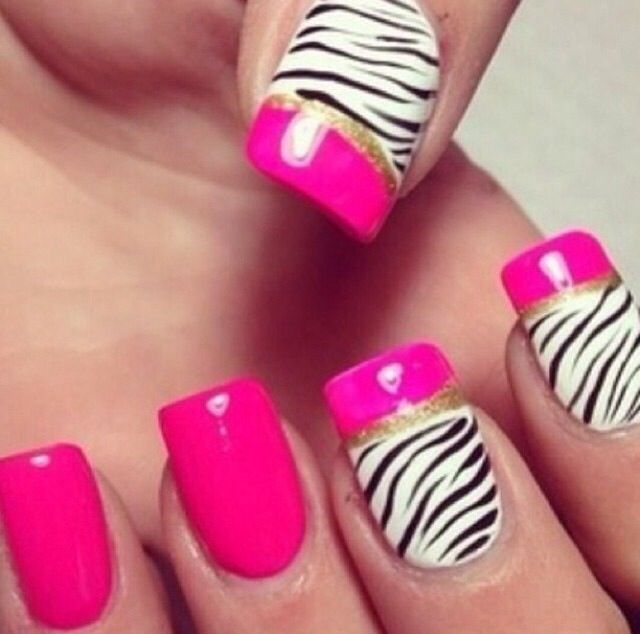 Black And White Zebra Print Nail Art With Pink French Tip