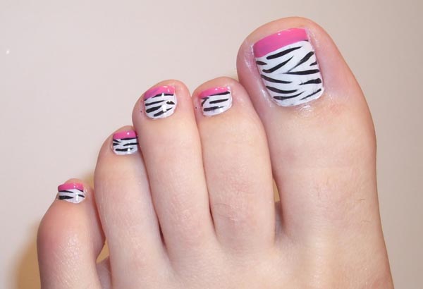Black And White Zebra Print Nail Art With Pink Tip For Toe