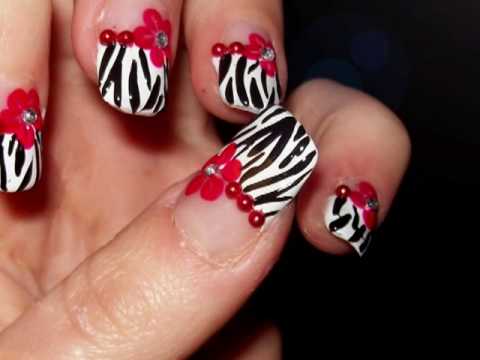 Black And White Zebra Print Nail Art With Red Pearls Design