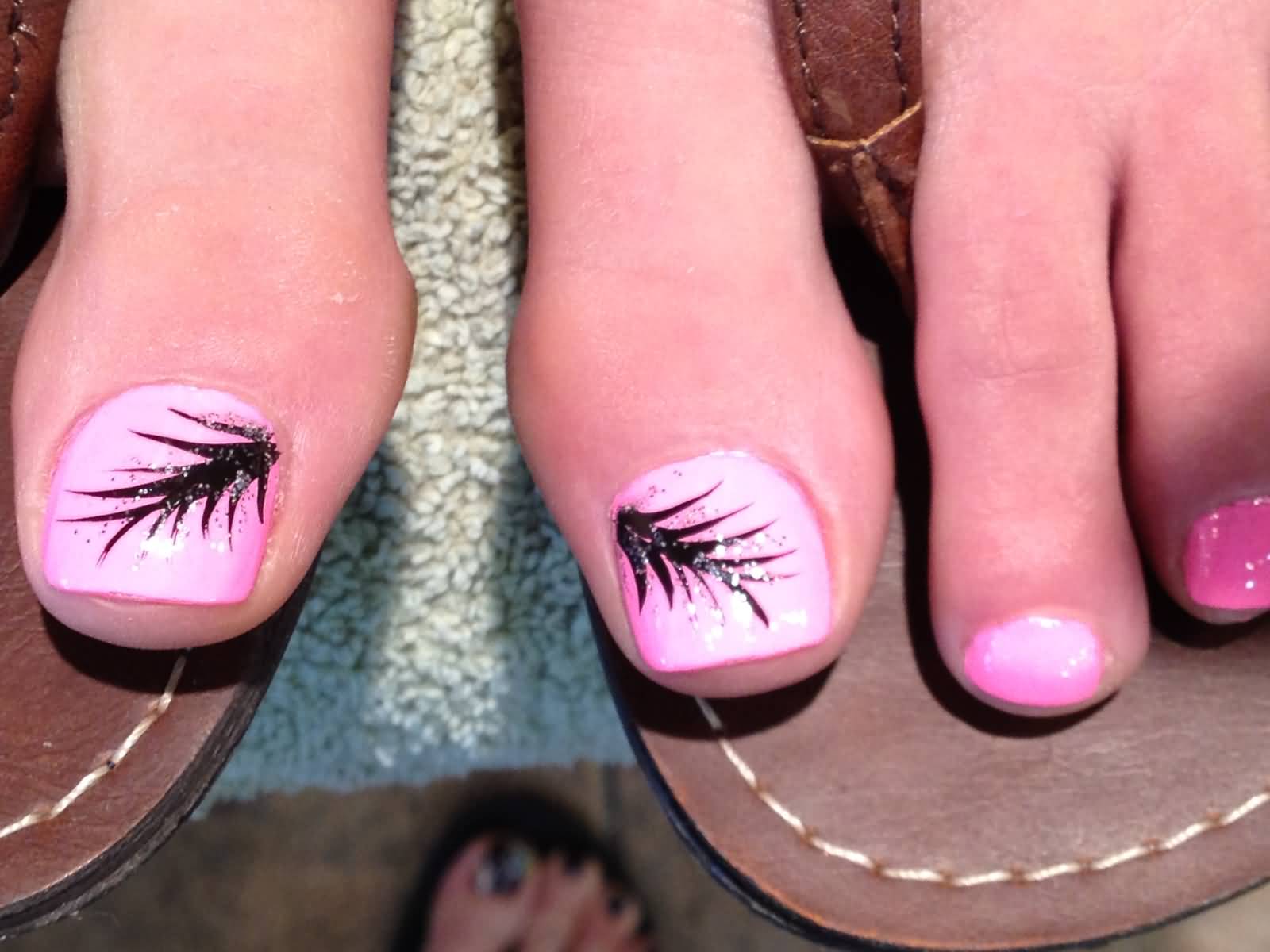 Black Feather Nail Art On Pink Toe Nails