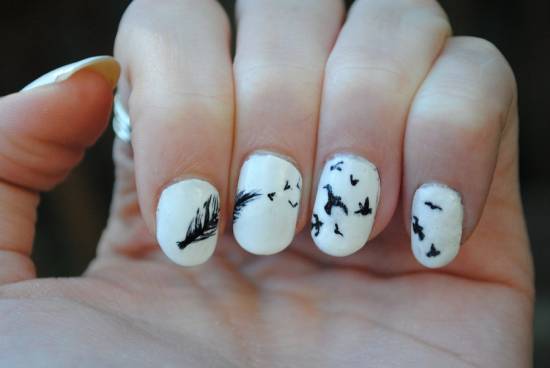 Black Feather Nail Art With Flying Birds Design
