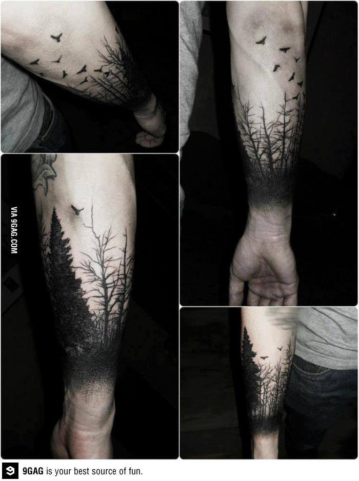 Black Flying Birds And Forest Tattoo On Arm Sleeve