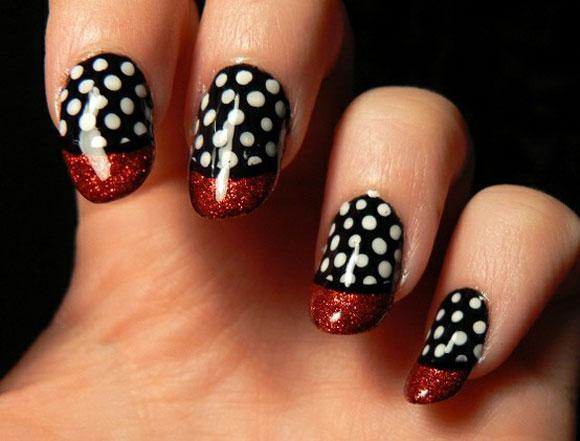 Black Glossy Polka Dots Nail Art With Red Glitter Gel French Tip