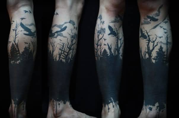 Black Ink Flying Bird And Dark Forest Tattoo