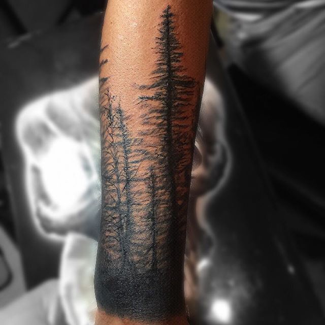 Black Ink Forest Tattoo On Arm Full Sleeve