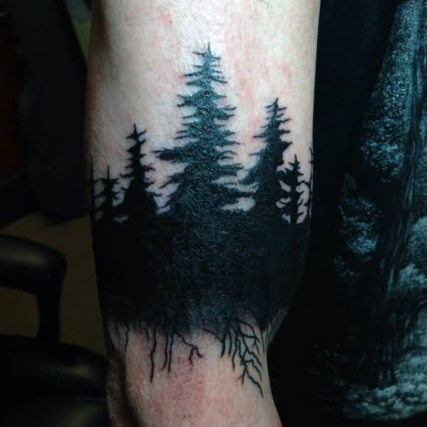 Black Ink Forest Tattoo On Right Bicep