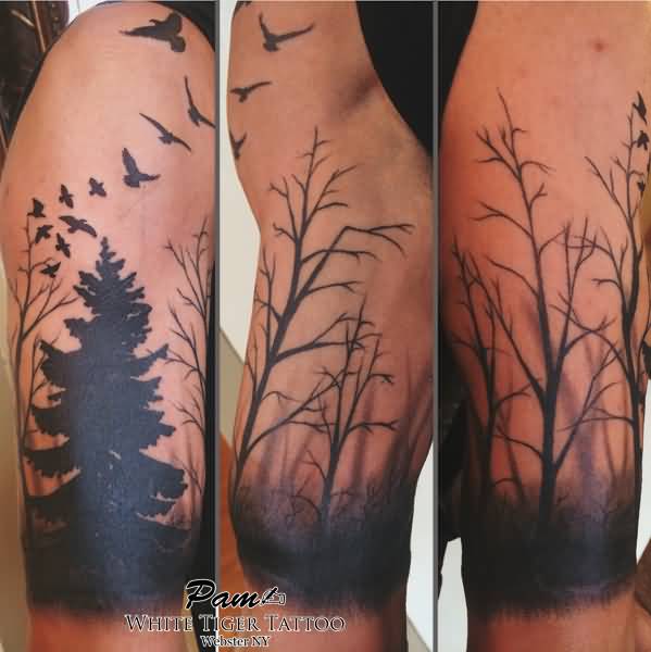 Black Ink Forest Tattoo On Sleeve