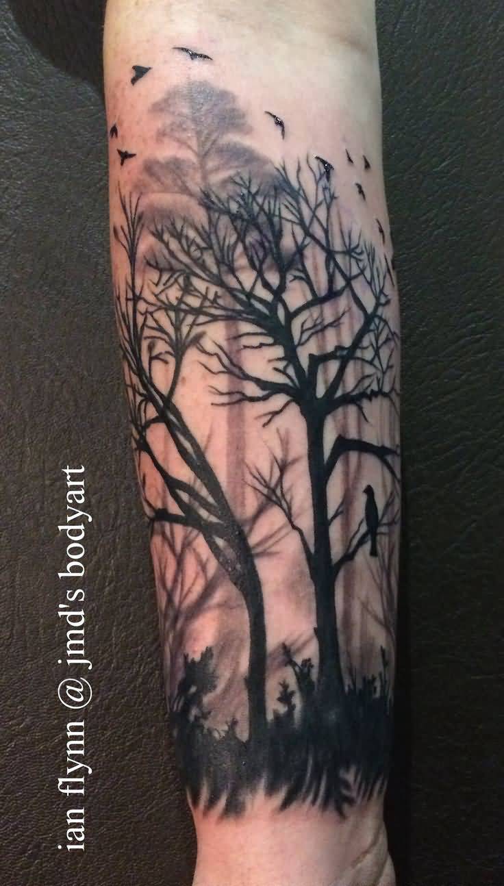 Black Ink Forest Tree Tattoos on Arm Sleeve