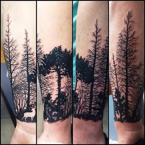 Black Ink Forest Trees Tattoos On Sleeve