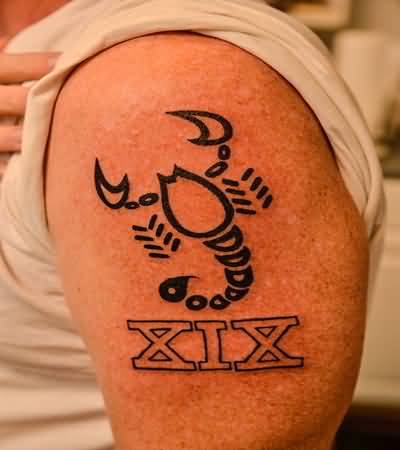 Black Ink Tribal Scorpio And Roman Numeral Tattoo On Left Shoulder