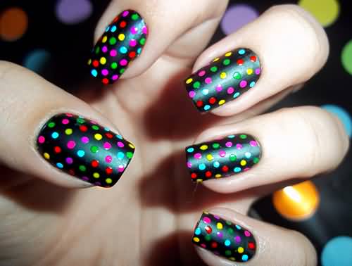 Black Matte Nails With Colorful Polka Dots Nail Art