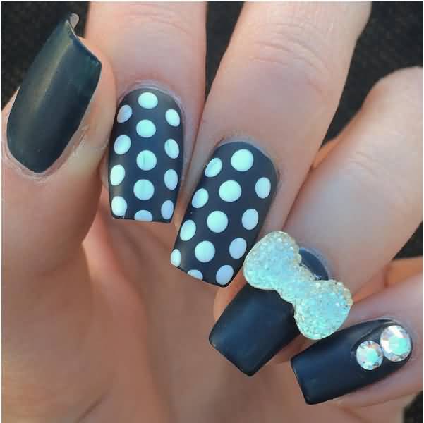 Black Matte Nails With White 3d Bow Nail Art