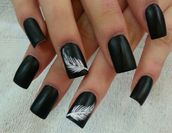 Black Matte Nails With White Feather Nail Art