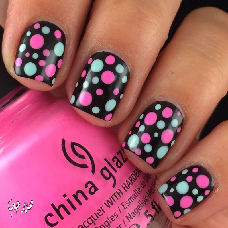 Black Nails With Pink And White Polka Dots Nail Art