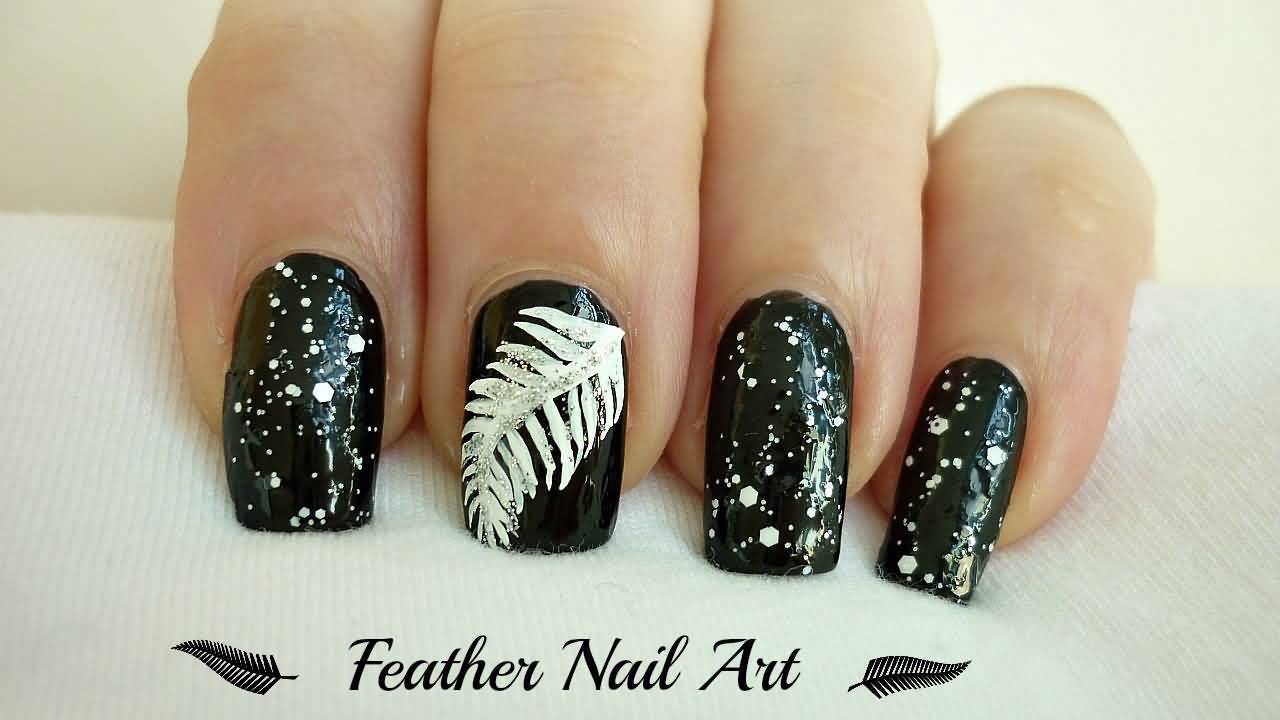 Black Nails With White Accent Feather Nail Art