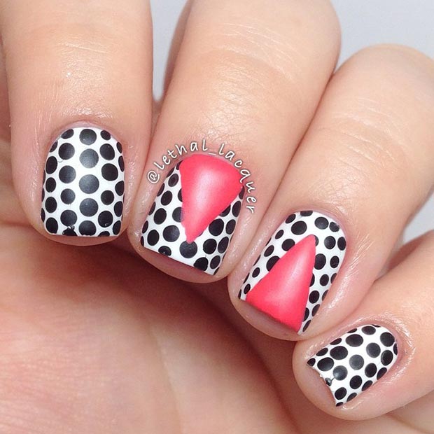 Black Polka Dots Nail Art With Pink Cone Design