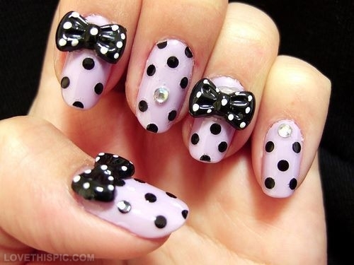 Black Polka Dots On Purple Nails With 3d Bow Design