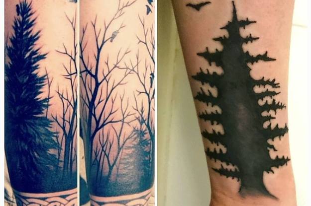 Black Silhouette Forest Tree Tattoo
