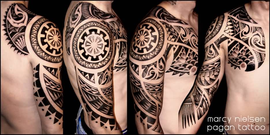 Black Tribal Aboriginal Tattoo On Man Right Half Sleeve