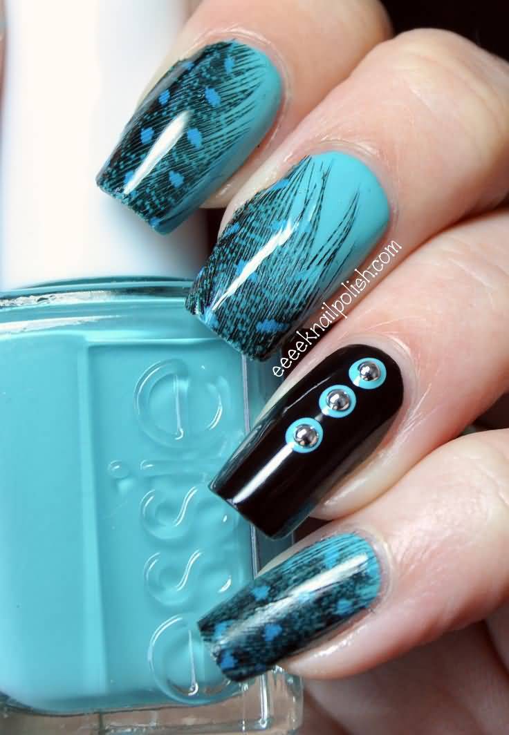 Blue And Black Feather Nail Art With Rhinestones Design
