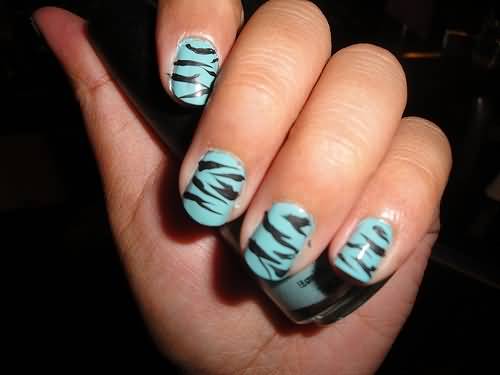 Blue And Black Zebra Print Nail Design
