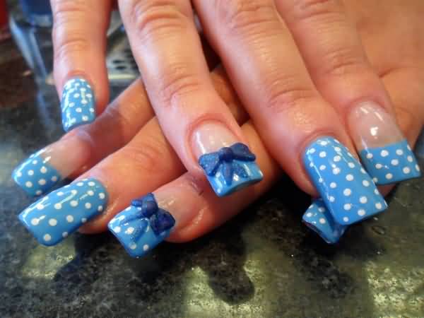 Blue And White Polka Dots Nail Art With 3d Bows Design