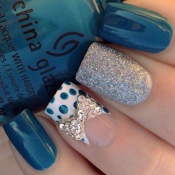 Blue And White Polka Dots Nail Art With Metallic 3d Bow Design