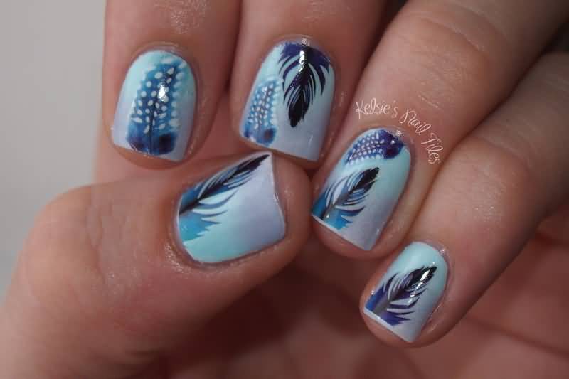 Blue Feather Nail Art Design