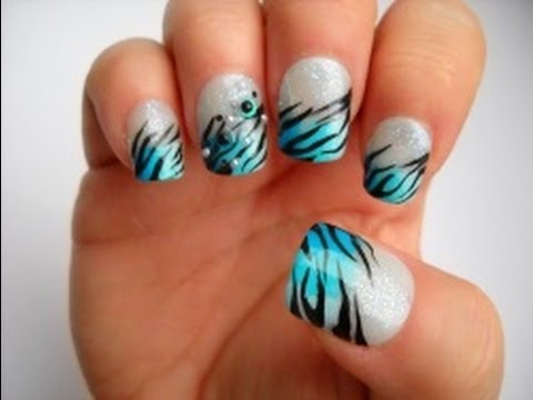 Blue French Tip Zebra Print Nail Art