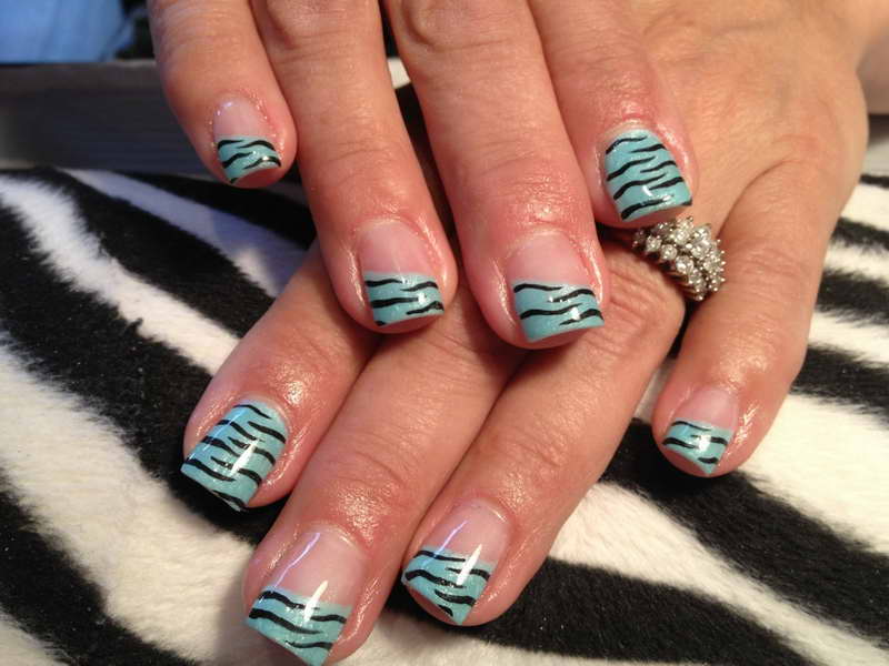 Blue French Tip Zebra Print Nail Art