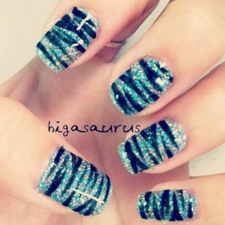 Blue Glitter Zebra Print Nail Art