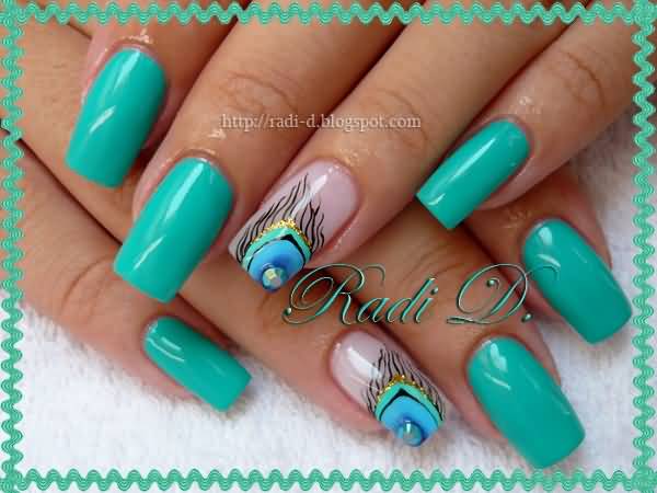 Blue Nails With Accent Peacock Feather Nail Art