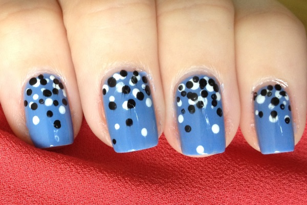 Blue Nails With Black And White Polka Dots Nail Art