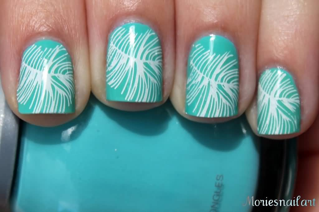 Blue Nails With White Feather Nail Art