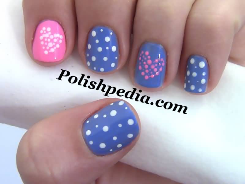 Blue, Pink And White Polka Dots Nail Art
