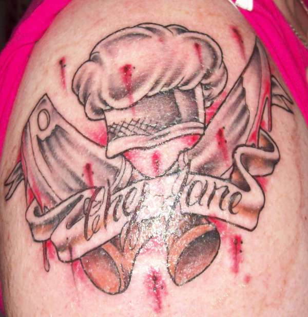 Brilliant Chef Hat With Knifes And Chef Jane Letters On Banner Tattoo On Half Sleeve