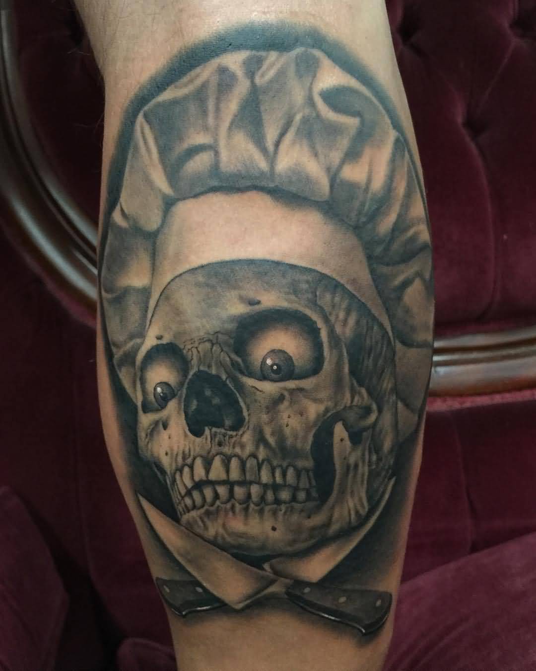 Brilliant Chef Skull With Eyes And Knives Tattoo On Forearm