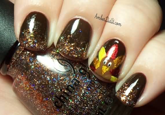 Brown Glitter Gel Nails With Accent Turkey Face Thanksgiving Nail Art