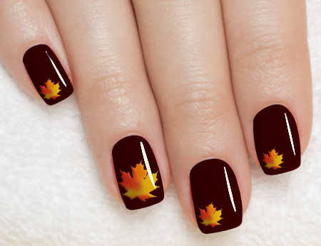 Brown Glossy Nails With Maple Leaves Thanksgiving Nail Art
