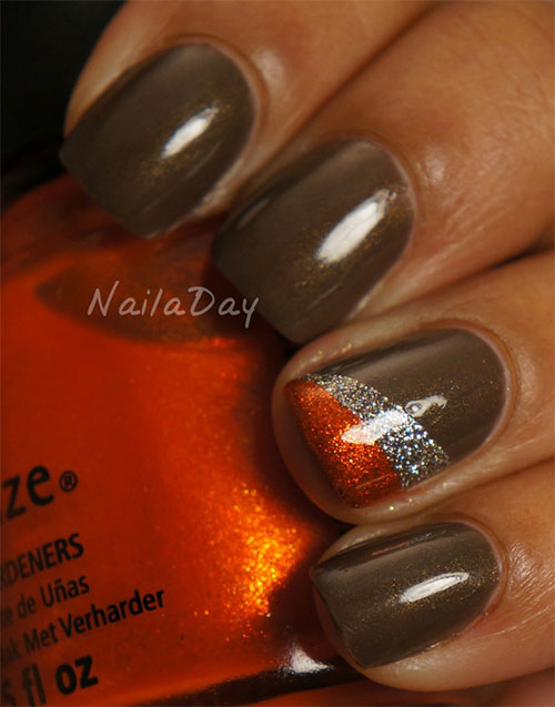 Brown Glossy Nails With Silver And Orange Glitter Thanksgiving Nail Art