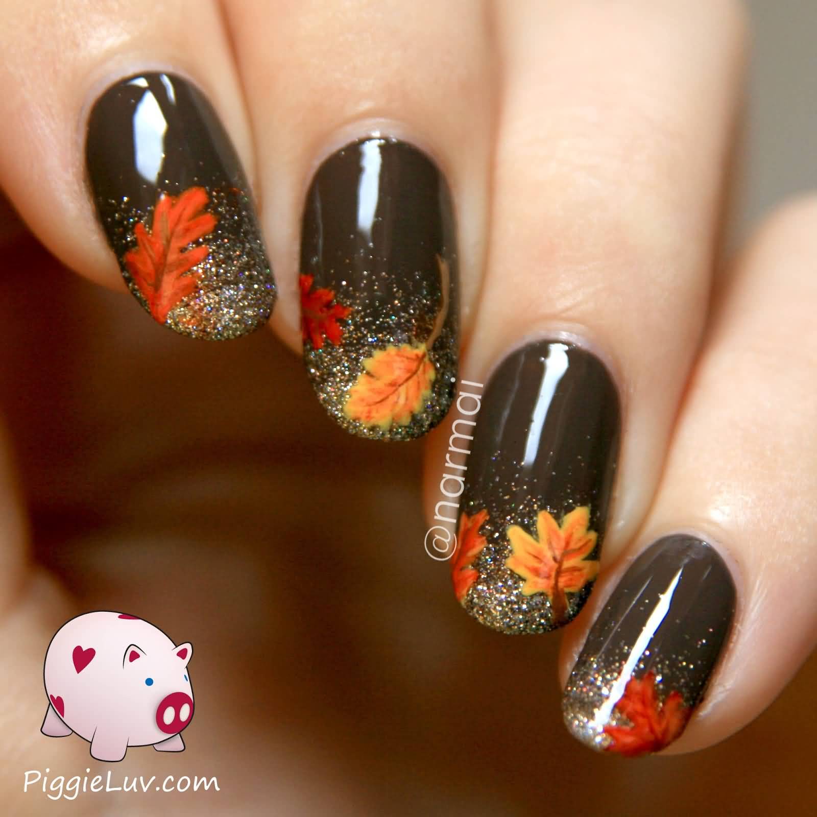 Brown Nails With Sparkle Glitter And Fallen Leaves Thanksgiving Nail Art